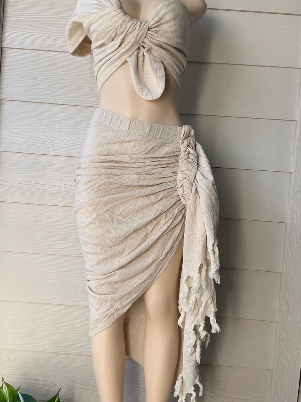 One-Shoulder Cream Ruched Dress with Side Tassel